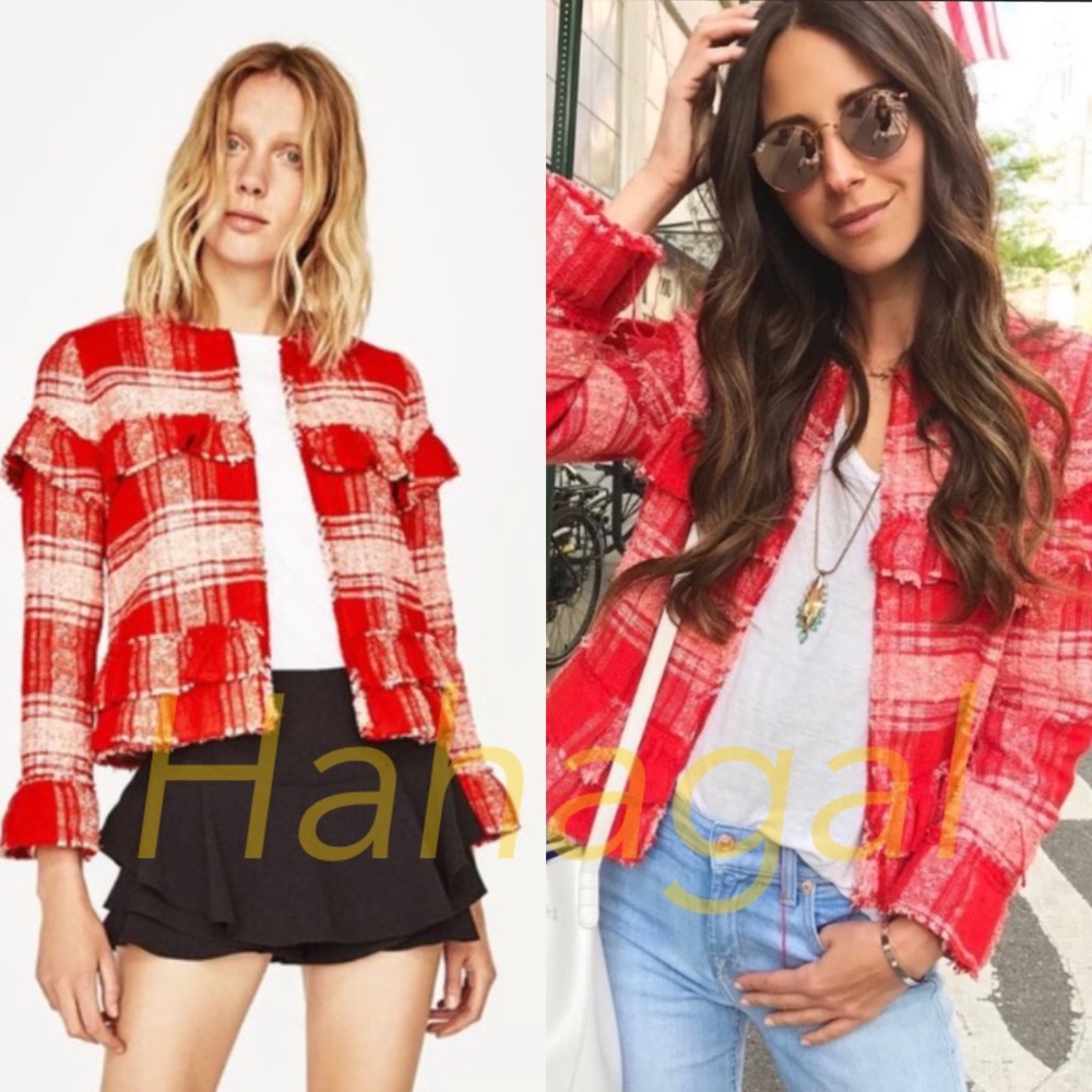 Zara Red Frayed Frill Tweed Jacket